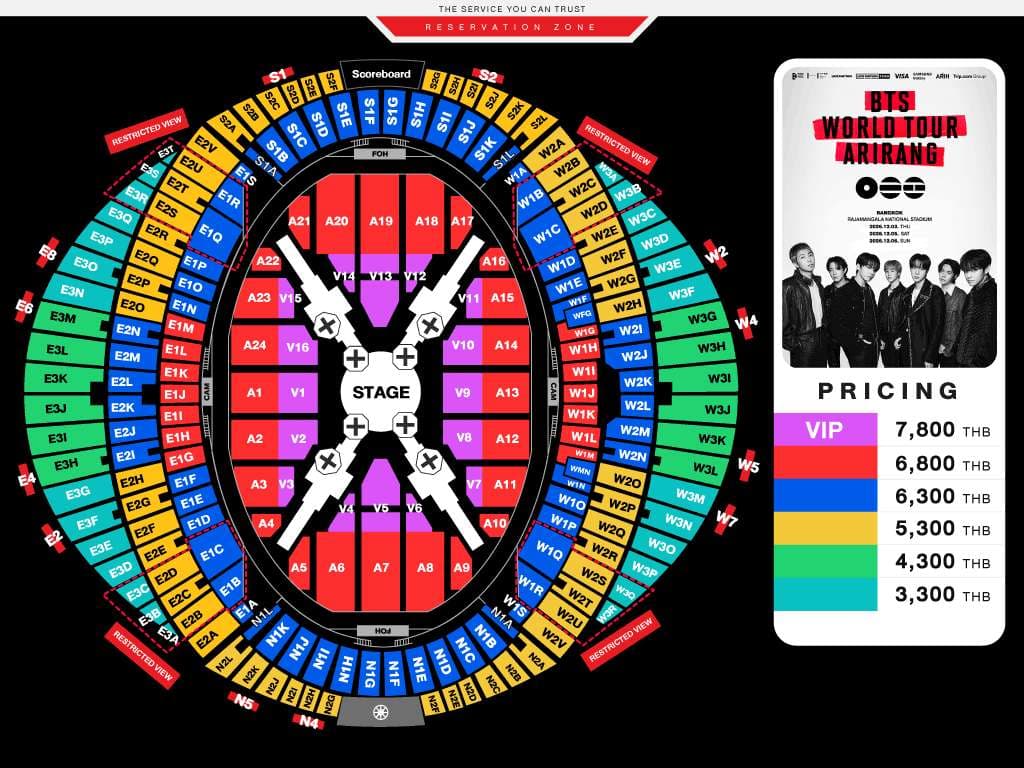 Seating zone and table plan for BTS WORLD TOUR 'ARIRANG' IN BANGKOK